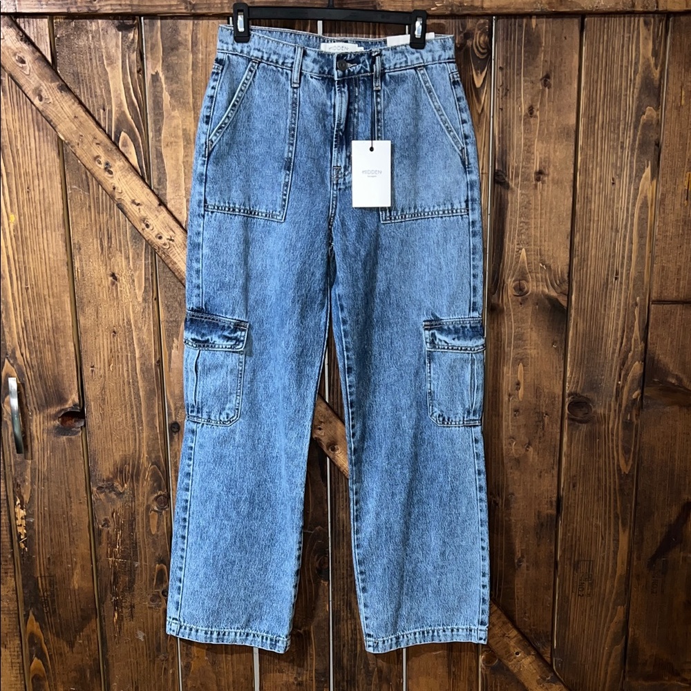 Drawstring High-Waist Cargo Jeans - Light Blue
